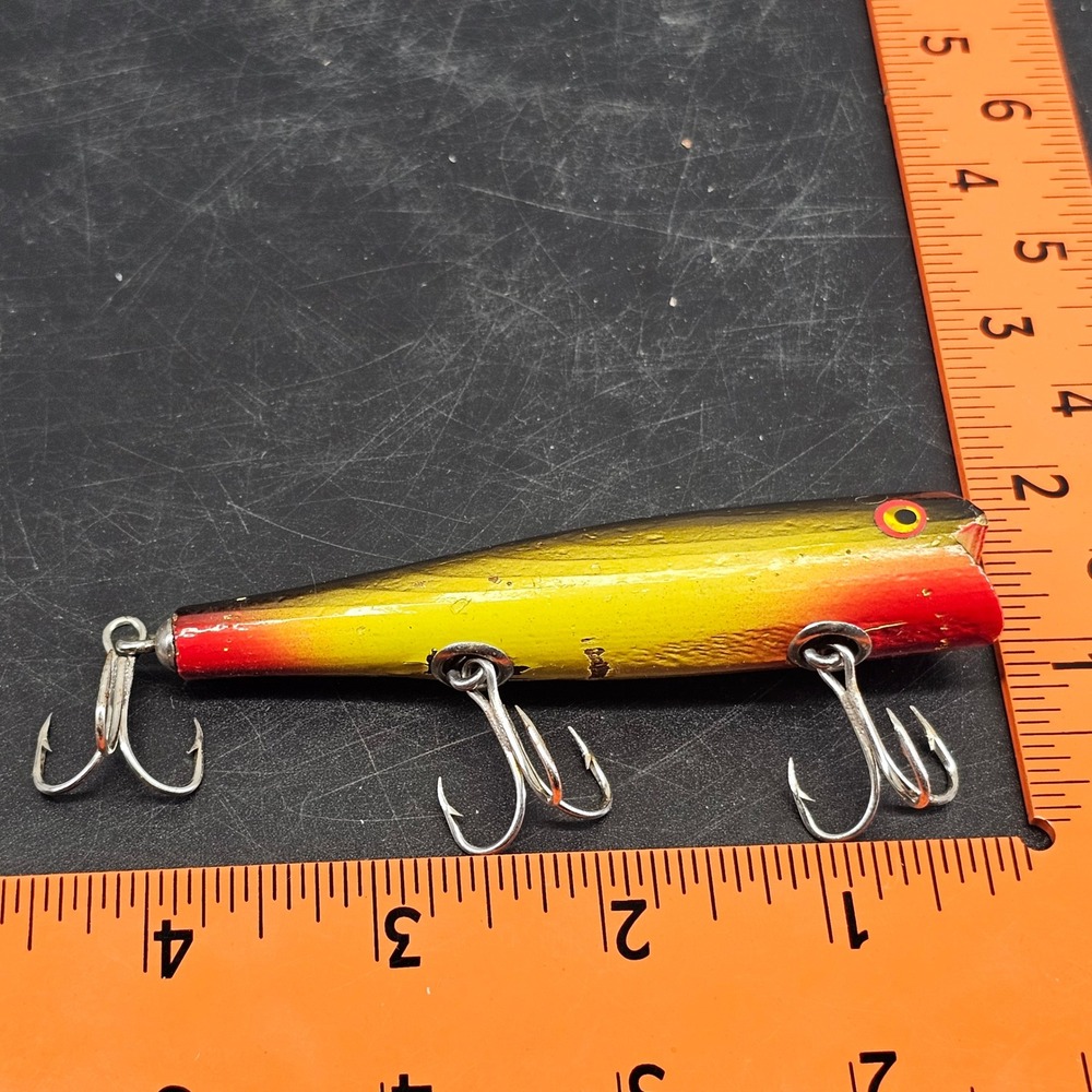 Vintage Wooden Popper Topwater Fishing Lure Black Yellow Red 4.25"